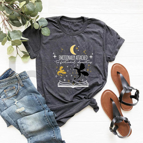 Emotionally Attached To Fictional Characters T Shirt Unisex Graphic Tee for Book Lovers Short Sleeve Casual Top